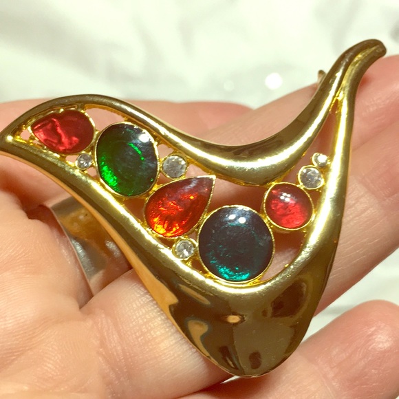 Gold tone enamel vintage partridge pin jewel tone glam retro art deco bird pin - Picture 4 of 16